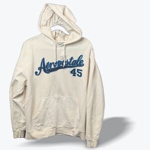 Aeropostale‎ Hoodie 45 Graphic Logo Cream Pullover Sweatshirt Mens Medium